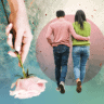 a featured image of a couple walking with the man's arms around the woman's waist and an image of a lady's hand holding a pink stem rose