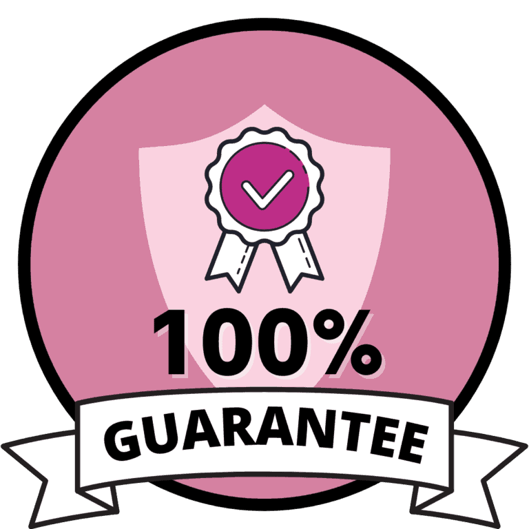 a logo that is made up of black circle border, pink inner and a lighter pink shield with a pink and white ribbon and a text that says 100% Guarantee