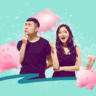 an image of an Asian man with his hands on his chin thinking and an image of an Asian woman with 3 piggy banks in the background surrounding them