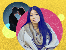an FT image of an Asian woman with a worried face and a couple facing each other, foreheads close to each other at her back with a yello background image of a field
