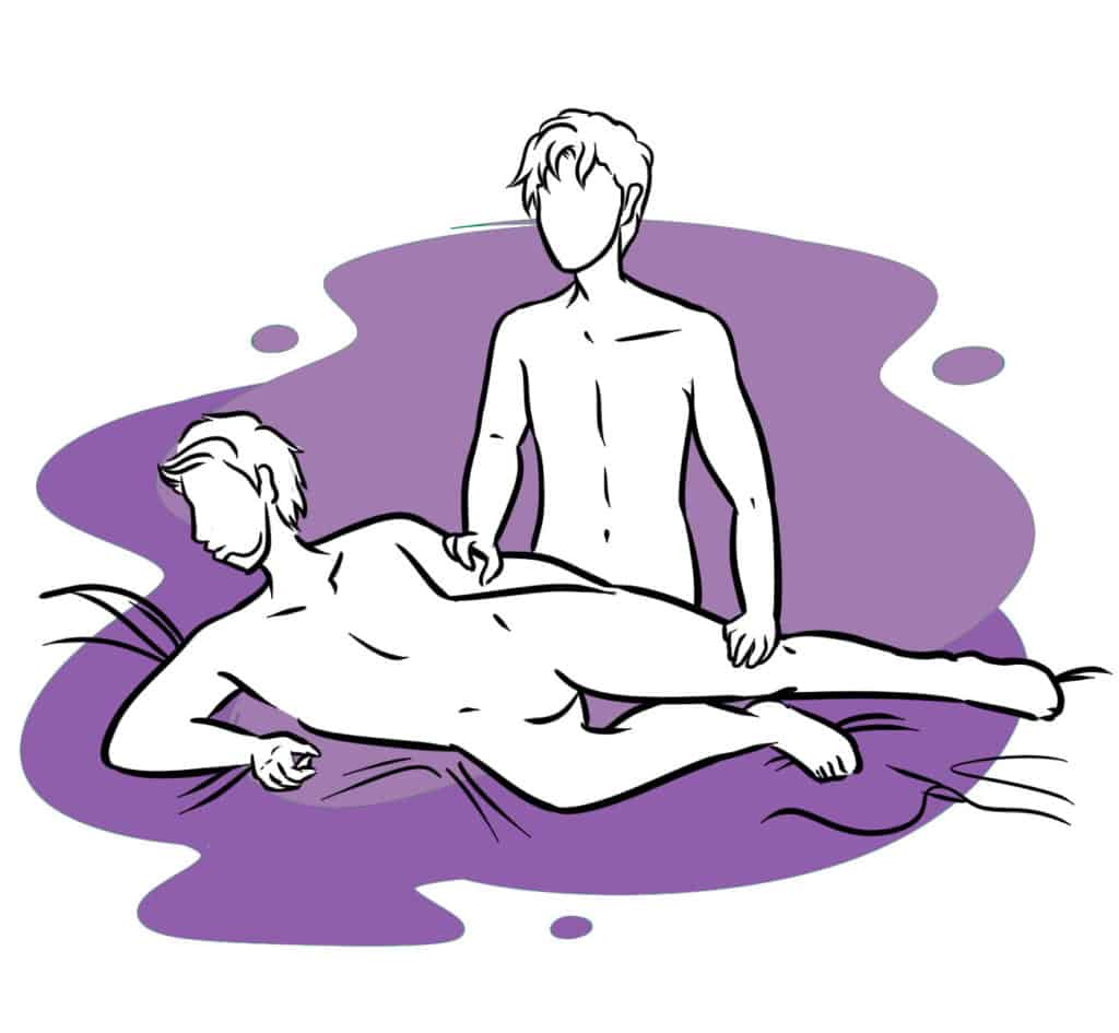 a drawing of a two men on a sex position called "The Empress, The Emperor" ona light purple background