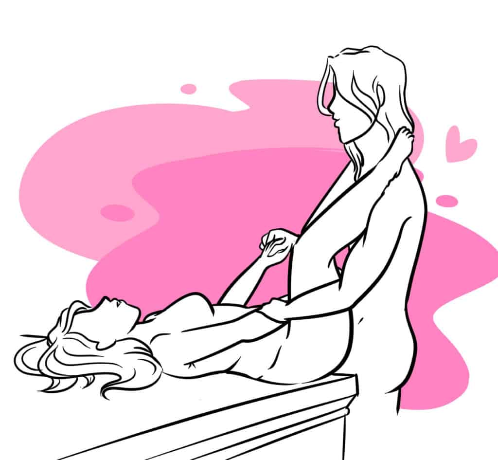 a drawing of a man and a woman on a sex position called "The Lab Table" on a light pink background with a little heart
