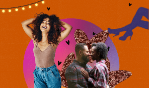 a feature sized image of a happy balck woman, and a happy balck couple facing each other with black hearts in the background, pink glittered hearts, and a sexy pair of legs with a yellow string lights on an orange background