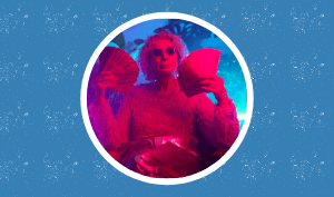 A featured image for the blog "Cultivating A Healthy Relationship With Money", in a blue background and a circle frame in the middle with a white old woman holding paper bills of money.