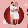 a feature sized image for the blog "Going Through (Not Around) Stages Of Heartbreak on a light pink background. A red stem rose held by 2 hands and a white couple inside a red circle frame.