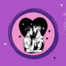 a featured image for the blog "Am I In Love?" on a bright purple background with dotted texture. An illustration of two men facing each other, holding each other with a black heart nehind them.