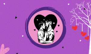 a featured image for the blog "Am I In Love?" on a bright purple background with dotted texture. An illustration of two men facing each other, holding each other with a black heart nehind them.