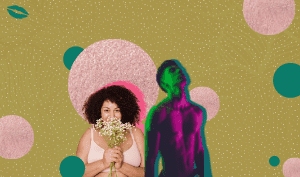 a feature sized image for the blog "How To Be More Confident In Bed" on a mustard background with dotted texture. A woman wearing a white sleeveless holding grass flowers beside a man naked with pink glitters in circle and green circles surrounding them.