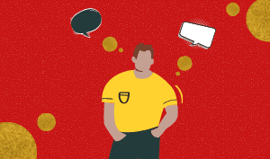 a feature sized image for the blog "15 Things You Should Never Say To A Womxn On A First Date (or maybe ever...)" on a bright red background with dotted texture. An illustration of a man with speech bubles.