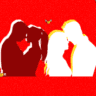 a feature-sized image for the blog "How An Open Marriage Can Save Your Relationship And Enrich Your Life" on a bright red background with dotted texture. An illustration of couples in red and white with shadows in white and yellow and heart with wings cartoon emojis spread around.
