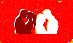 a feature-sized image for the blog "How An Open Marriage Can Save Your Relationship And Enrich Your Life" on a bright red background with dotted texture. An illustration of couples in red and white with shadows in white and yellow and heart with wings cartoon emojis spread around.