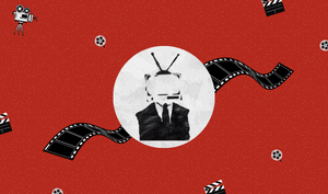 a feature-sized image for the blog "Why Representation Is Important In The Media" on a bright red background with dotted texture. An image of a black man with a head TV. Graphics such as video camera and film are spread in the background.