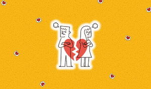 a feature-sized image for the blog "Top Breakup Questions You Were Too Hurt to Ask" on a bright yellow background with dotted texture. A drawing of an angry man and woman standing not too close to each other with a broken heart between them and red broken heart graphics scattered on the background.