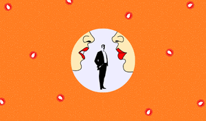 a feature-sized image for the blog "How To Stop Being Jealous: Lessons From A Cuckquean's Handbook" on a bright orange background with dotted texture. A colored drawing of a man wearing a suite standing in between the side faces of two women.