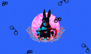 a feature-sized image for the blog "What Does Kinky Mean?" on a bright blue background with dotted texture. A woman wearing a black buny-like ears headband and black leather clothes inside a pink circle frame and handcuffs graphics in the background,