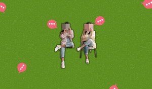 a featured-image for the blog "Uplevel Your Personal Relationships: How to Communicate Effectively" on a bright green background with dotted texture. Two women sitting on a chair right next to each other while holding and reading a book covering their faces and a few pink speech bubbles around them.
