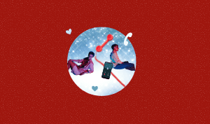 a feature image for the blog titled "Community Roundup: How to Make a Long-Distance Relationship Work" on red coloured background with dotted texture and heart symbols around. At the center bottom is acircle framed photo with a mobile phone, telephone and two men apart.