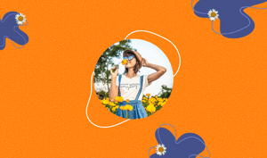 a feature-sized image for the blog "What Is Self-Esteem And How To Achieve It For Life" on a bright orange background with dotted texture and blue blobs around. A happy woman that's smelling a yellow flower on a circle frame at the center.